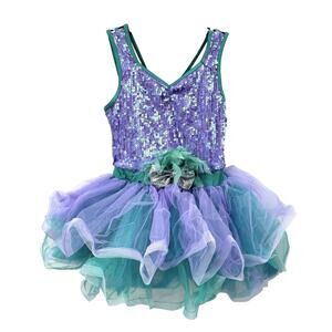 Purple Teal Sequin Tutu Dance Costume Dress Feathers Bow Tap Jazz Childs XL